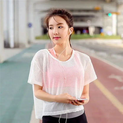 Women's Mesh Yoga Shirt Sexy Short Sleeve T-Shirt Sport Top Blouse Cover Up Quick Dry Gym Clothes Running Fitness Tank Sportwear M J Fitness